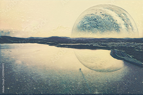 Fantasy landscape of an alien planet digital artwork. Elements of this image furnished by NASA