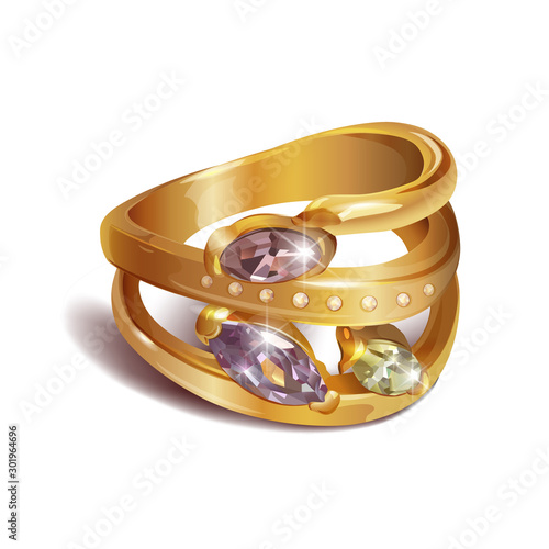 Vector illustration. Gold ring with precious stones Topaz, chrysolite, amethyst, beryl, morganite and diamonds.