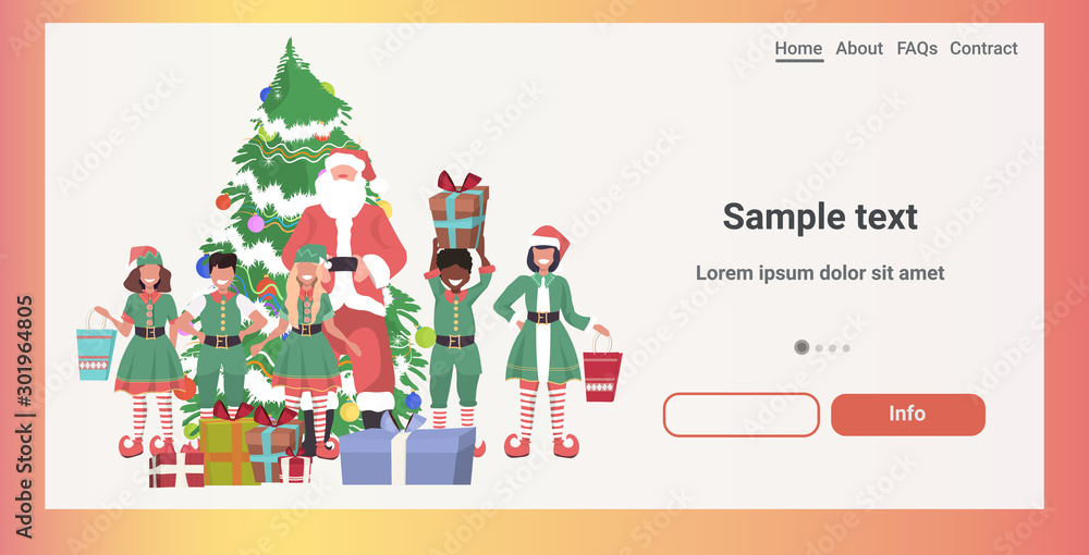 santa claus with mix race elves standing together near decorated fir tree with gift boxes merry christmas happy new year holidays celebration concept horizontal full length sketch copy space vector