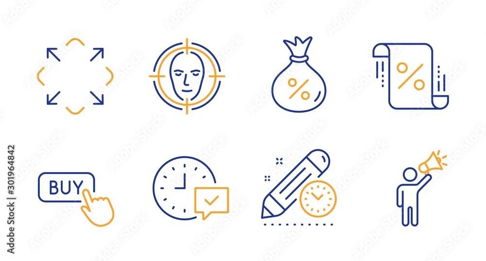 Loan, Select alarm and Maximize line icons set. Face detect, Loan percent and Buy button signs. Project deadline, Brand ambassador symbols. Money bag, Time symbol. Technology set. Vector Loan, Select alarm and Maximize line icons set. Face detect, Loan percent and Buy button signs. Project deadline, Brand ambassador symbols. Money bag, Time symbol. Technology set. Vector