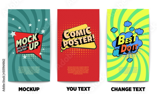 set of Trendy comical 3d text mockup poster	 photo