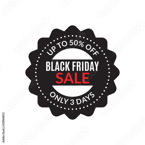 Black Friday sale badge or stamp. Up to 50 percent price off. Discount icon. Vector illustration.