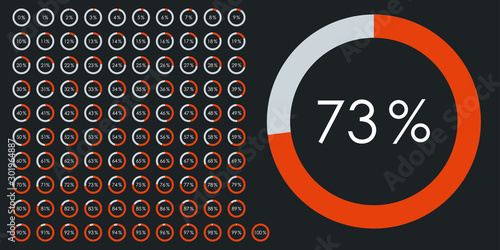 Percentage pie chart set. Circle diagram graph. From 1 to 100 percent progress. UI graphic icons for loading or download. Vector illustration.