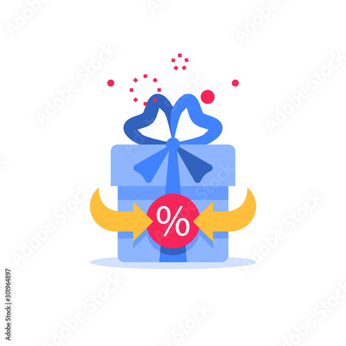 Special reward, prize giveaway, loyalty present, percentage sign, incentive or perks, bonus program