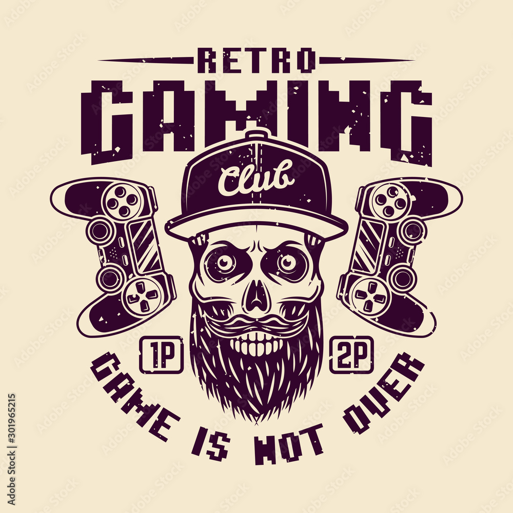 Retro gaming club vector with bearded gamer skull