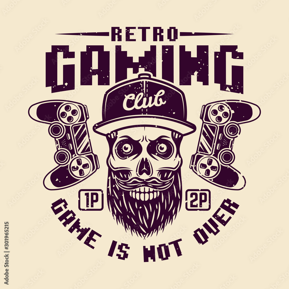 Retro gaming club vector with bearded gamer skull Retro gaming club vector with bearded gamer skull