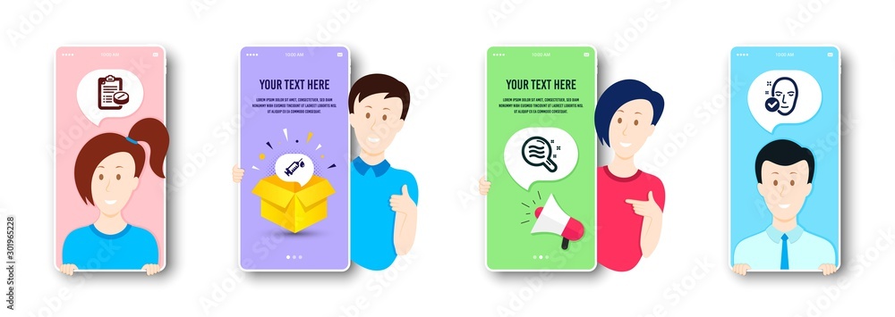 Medical syringe, Skin condition and Medical prescription icons simple set. People on phone screen. Health skin sign. Vaccination, Search magnifier, Medicine drugs. Clean face. Healthcare set. Vector