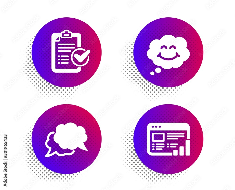 Smile, Survey checklist and Chat message icons simple set. Halftone dots button. Web report sign. Comic chat, Report, Speech bubble. Graph chart. Technology set. Classic flat smile icon. Vector Smile, Survey checklist and Chat message icons simple set. Halftone dots button. Web report sign. Comic chat, Report, Speech bubble. Graph chart. Technology set. Classic flat smile icon. Vector