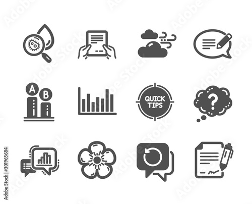 Set of Science icons, such as Receive file, Signing document, Message, Tips, Windy weather, Graph chart, Question mark, Water analysis, Bar diagram, Ab testing, Natural linen. Vector