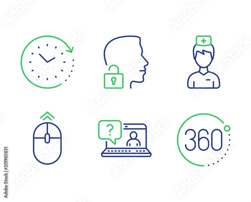 Unlock system, Faq and Time change line icons set. Swipe up, Doctor and 360 degrees signs. Access granted, Web support, Clock. Scrolling page. Science set. Line unlock system outline icons. Vector