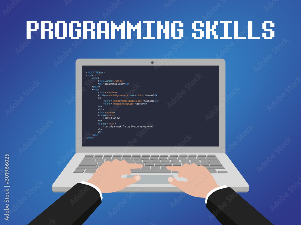 Programming language HTML with example code on screen text. Stock ...