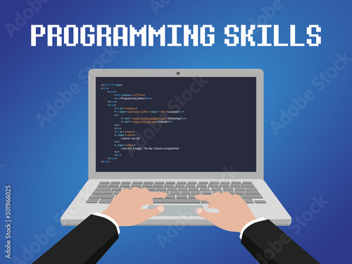 Programming language HTML with example code on screen text.