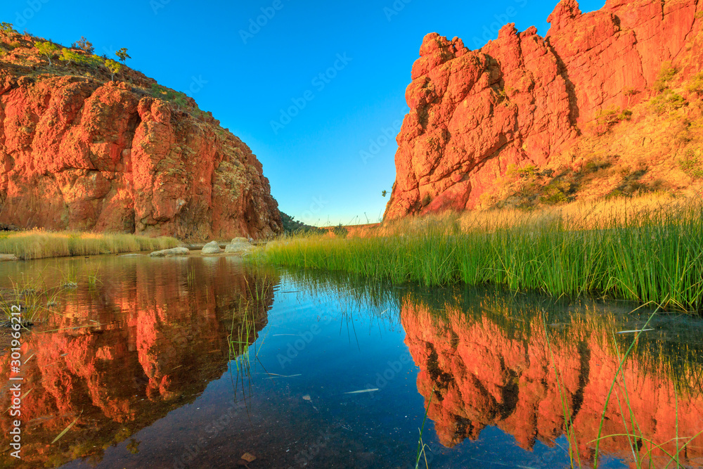 Scenic red rock formations of Glen Helen Gorge of West MacDonnell Ranges mirroring on calm waters of permanent waterhole in dry season at sunrise light. Northern Territory, Australian Outback.