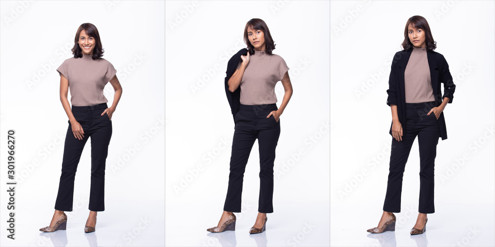 Collage Group Pack of Fashion Young Mother Indian / Asian Woman black hair beautiful make up purple dress black pants stand pose snap 360 body full length. Studio Lighting white Background isolated - obrazy, fototapety, plakaty 