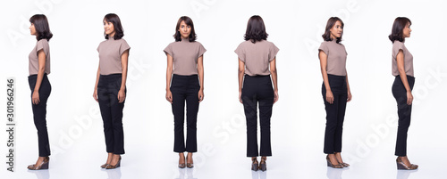 Collage Group Pack of Fashion Young Mother Indian / Asian Woman black hair beautiful make up purple dress black pants stand pose snap 360 body full length. Studio Lighting white Background isolated