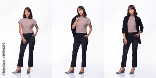 Collage Group Pack of Fashion Young Mother Indian / Asian Woman black hair beautiful make up purple dress black pants stand pose snap 360 body full length. Studio Lighting white Background isolated photo