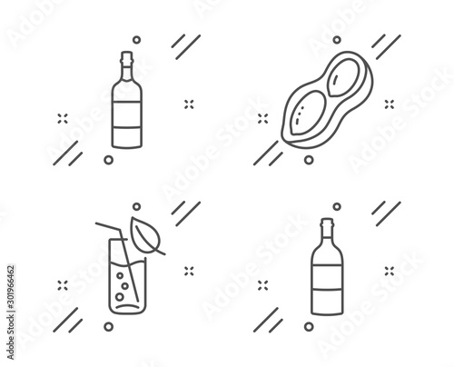 Water glass, Brandy bottle and Peanut line icons set. Wine bottle sign. Soda drink, Whiskey, Vegetarian nut. Cabernet sauvignon. Food and drink set. Line water glass outline icon. Vector