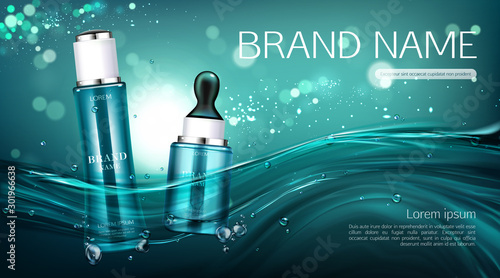 Cosmetics bottles mock up banner. Lotion makeup remover beauty product package and oil pipette tube floating on water surface background. Mockup cosmetic skin care ad. Realistic 3d vector illustration