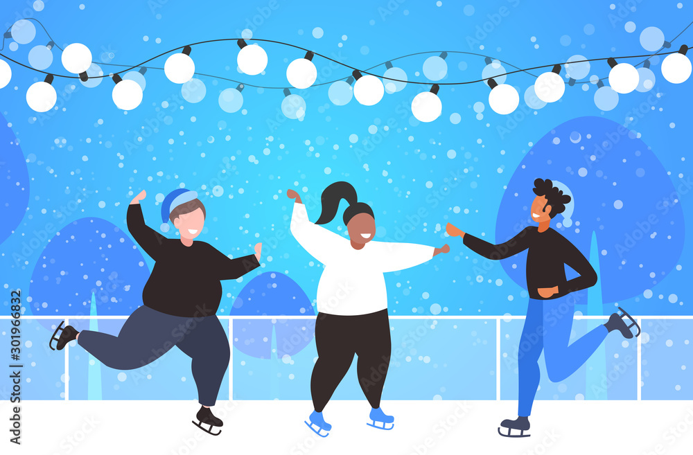 people skating on ice rink winter sport activity recreation at holidays concept mix race friends spending time together snowfall landscape background full length horizontal vector illustration