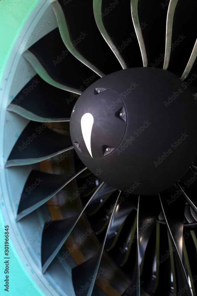 Modern turbofan (fanjet) airplane engine. Airbreathing jet engine
