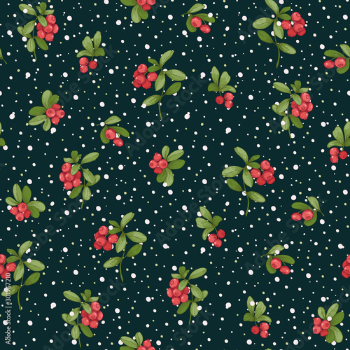 Cranberry and snow. Seamless pattern, background. Graphic drawing, engraving style. Vector illustration