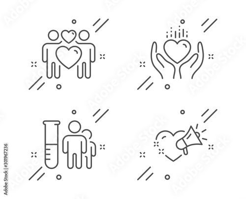 Medical analyzes  Hold heart and Love couple line icons set. Love message sign. Medicine results  Lovers  Heart. People set. Line medical analyzes outline icon. Vector