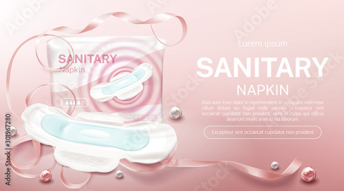 Sanitary napkins package mock up banner. Feminine hygienic pads pack, protective product with wings, four drops day time, advertising poster pink background with pearls and bow Vector 3d illustration