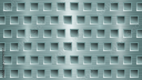 Abstract metal background with square holes in light blue colors