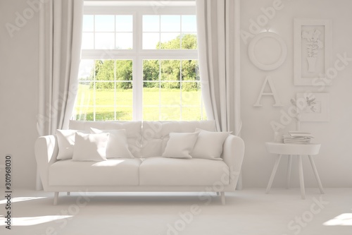 Mock up of stylish room in white color with sofa and green landscape in window. Scandinavian interior design. 3D illustration