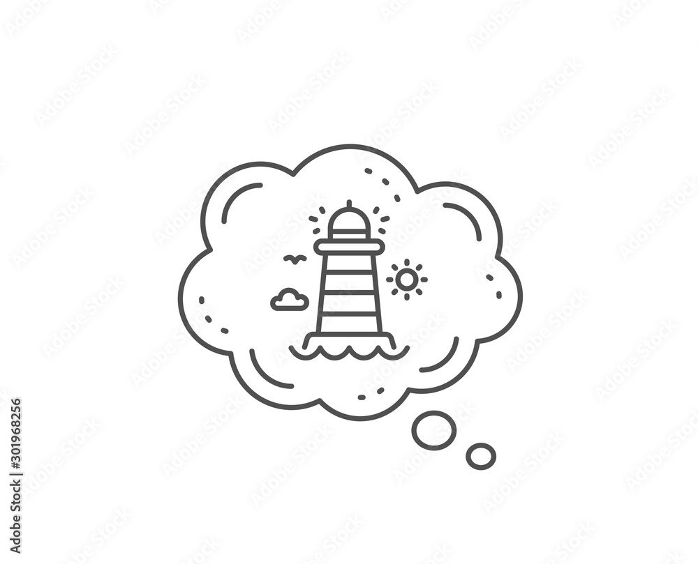 Lighthouse line icon. Chat bubble design. Beacon tower sign. Searchlight building symbol. Outline concept. Thin line lighthouse icon. Vector Lighthouse line icon. Chat bubble design. Beacon tower sign. Searchlight building symbol. Outline concept. Thin line lighthouse icon. Vector