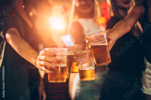 Group of female friends cheering with beer in amusement park