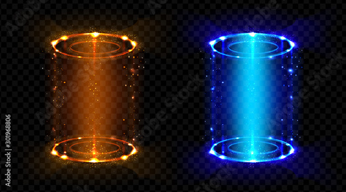 Magic portals, fantasy futuristic teleports with hologram effect set. Neon hud blue and red glowing circles, lighting round funnels for time and space teleportation. Realistic 3d vector illustration