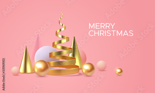 Merry Christmas. Vector holiday illustration. Geometric 3d primitives concept. Minimal style cover. Golden helix, cones and spheres. Party invitation design. Futuristic trendy poster template