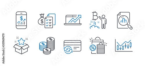 Set of Finance icons, such as Loyalty program, Coins, Bitcoin project, Sales diagram, Change card, Shopping bags, Analytics graph, Mobile finance, Accounting wealth, Financial diagram. Vector