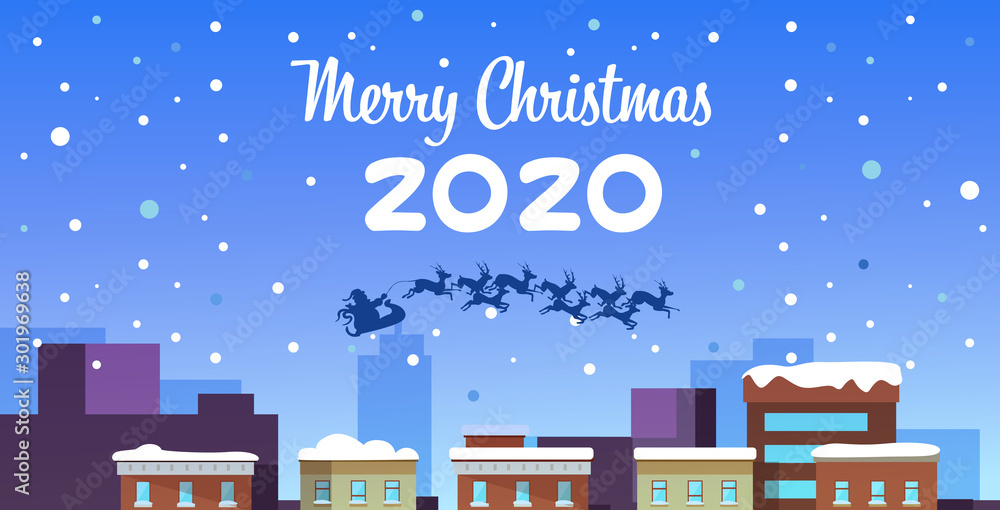santa claus flying in sleigh with reindeers in night sky over snowy city houses merry christmas happy new year winter holidays concept greeting card cityscape background horizontal vector illustration santa claus flying in sleigh with reindeers in night sky over snowy city houses merry christmas happy new year winter holidays concept greeting card cityscape background horizontal vector illustration