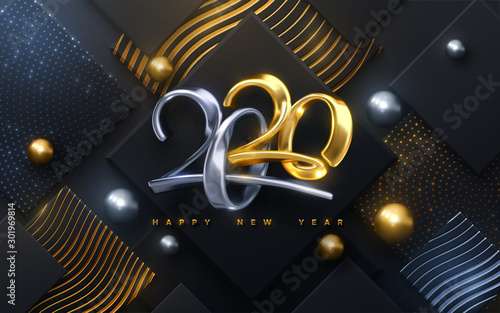 Bended numbers 2020. Holiday vector illustration. Golden and silver characters. Modern 3d calligraphy on black papercut background with glitters. Happy New 2020 Year. Festive banner or sign design.