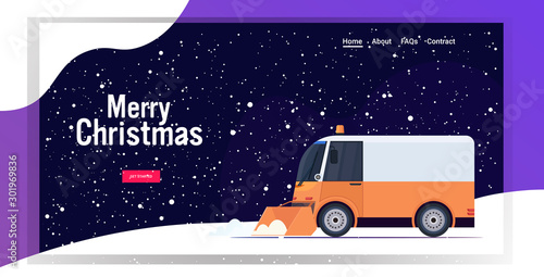 snow plow truck cleaning road afrer snowfall winter snow removal concept copy space horizontal vector illustration