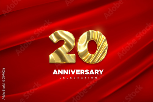 20 Anniversary celebration. Golden number 20 on red draped textile background. Vector festive illustration. Realistic 3d sign. Birthday or wedding party event decoration