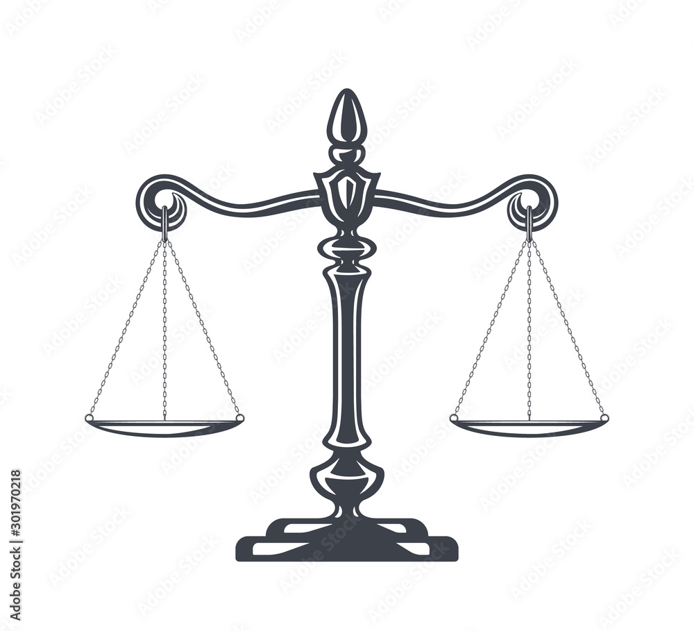 Scales of justice vector illustration. Weight Scales, Balance. Concept law and justice. Legal center or law advocate symbol. Libra in flat design. Juridical emblem. Scales of justice vector illustration. Weight Scales, Balance. Concept law and justice. Legal center or law advocate symbol. Libra in flat design. Juridical emblem.