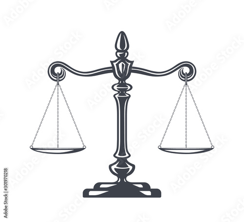 Scales of justice vector illustration. Weight Scales, Balance. Concept law and justice. Legal center or law advocate symbol. Libra in flat design. Juridical emblem.