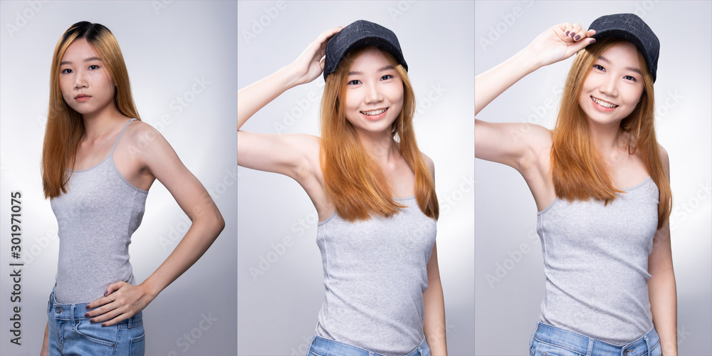 Collage Group Pack of Young Teenager Asian Woman blonde color dying hair gray shirt pose with smile face and arms in good mood optimistic. Studio Lighting white, flower Background isolated Collage Group Pack of Young Teenager Asian Woman blonde color dying hair gray shirt pose with smile face and arms in good mood optimistic. Studio Lighting white, flower Background isolated