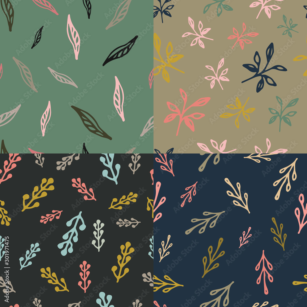 Set of seamless floral pattern. Abstract print for fabric, wrapping paper and other surfaces. Botanical pattern of leaves and branches.