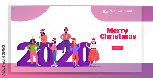 mix race people in santa hats drinking champagne celebrating corporate party merry christmas happy new year winter holidays celebration concept greeting card full length horizontal vector illustration