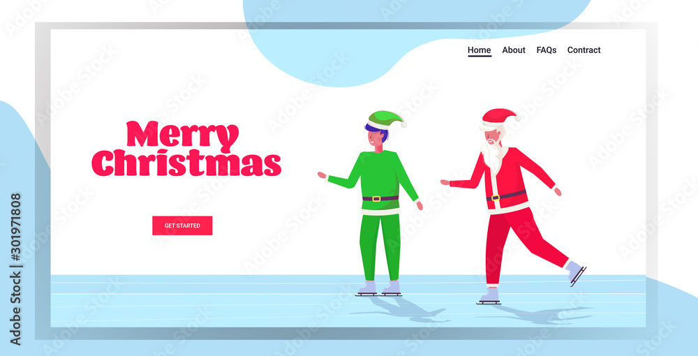 santa claus with elf helper skating on ice rink winter sport activity merry christmas happy new year holidays celebration concept greeting card horizontal full length vector illustration santa claus with elf helper skating on ice rink winter sport activity merry christmas happy new year holidays celebration concept greeting card horizontal full length vector illustration
