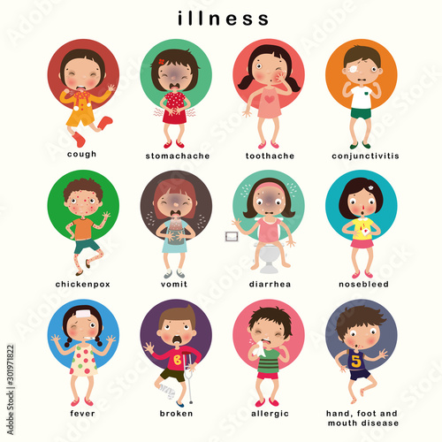 Childhood illnesses  set, vector illustration
