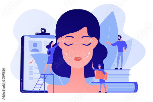 Plastic surgeons working on facelift surgery for woman face with wrinkles. Face lifting, rhytidectomy procedure, facelift surgery concept. Pinkish coral bluevector isolated illustration