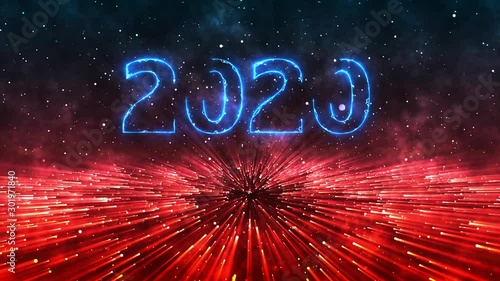 The number of the new year 2020, appears in the form of a bright blue glow surrounded by red light rays in a dark space