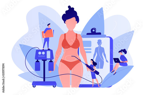 Plastic surgeon with a suction tube doing liposuction of woman marked body parts. Liposuction, lipo procedure, fat removal surgery concept. Pinkish coral bluevector isolated illustration