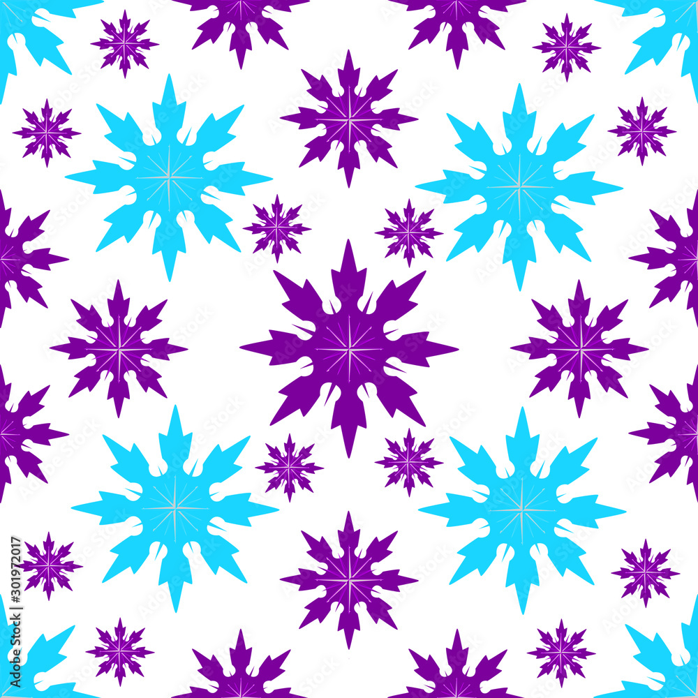Seamless winter pattern with light blue and purple snowflakes on a white background