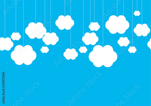 Cyan Blue Abstract Background with White Clouds Hanging on Strings